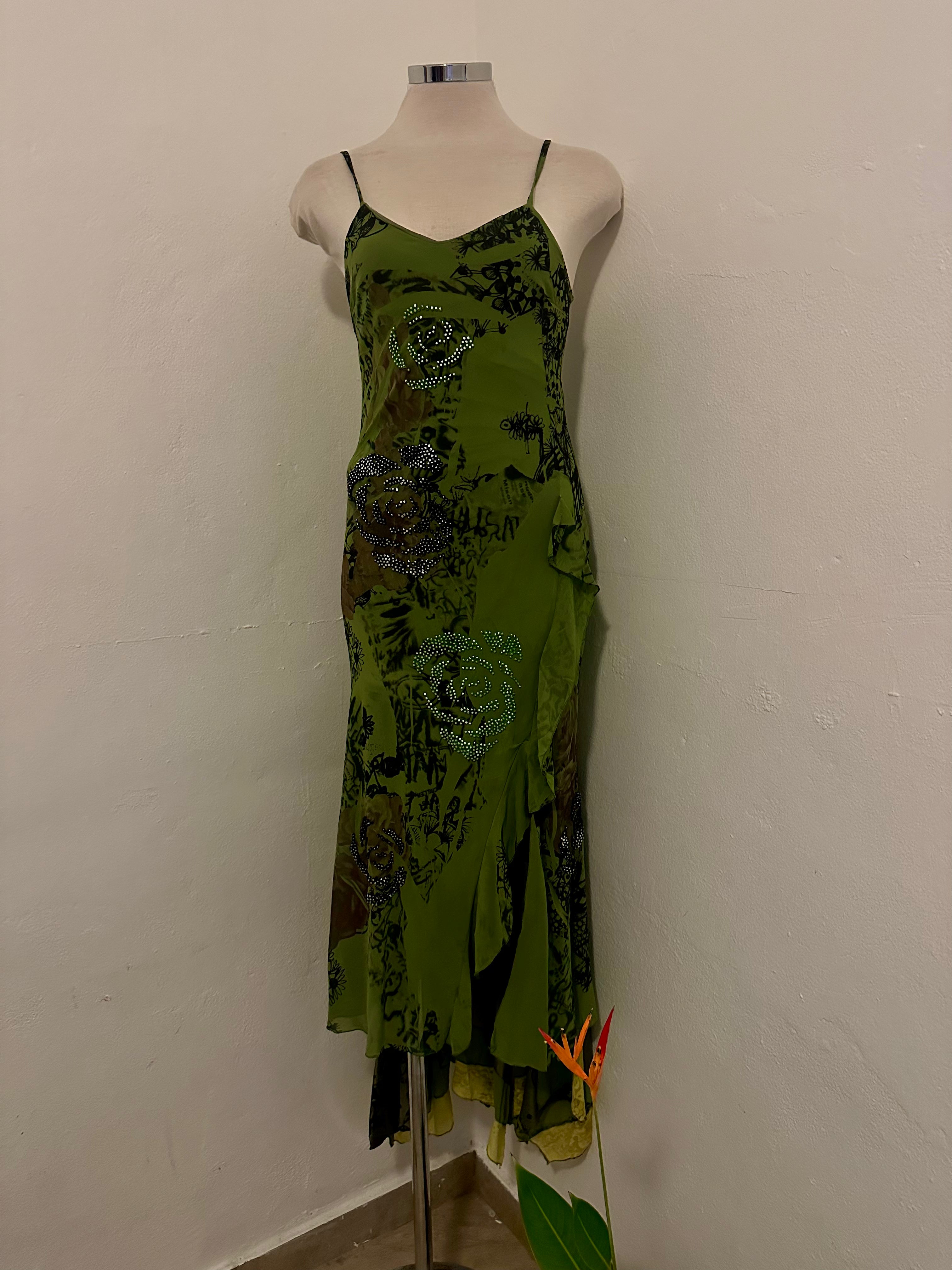 Archive Slip Dress — Acid Green Rhinestone Floral