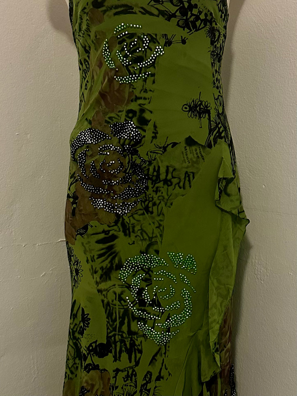 Archive Slip Dress — Acid Green Rhinestone Floral