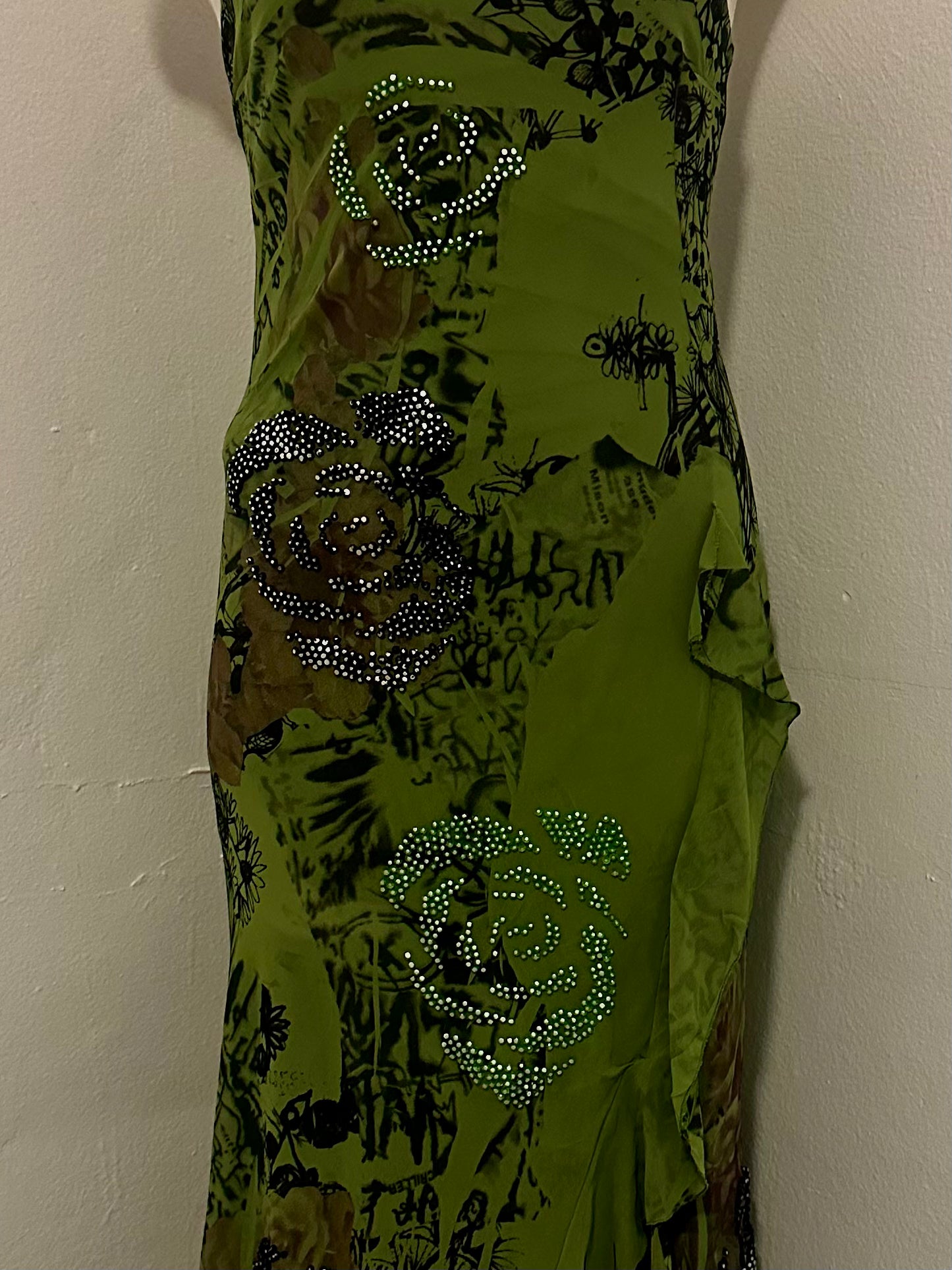 Archive Slip Dress — Acid Green Rhinestone Floral